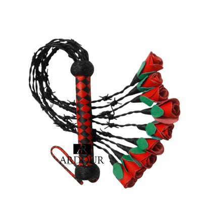 Genuine Cowhide Leather Flogger Thorny Rose Design with 9 Tails Elegant Impactful Whip