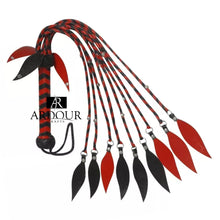 BDSM* Red Genuine Leather Flogger 9 Falls with Steel Studs Leather Handle