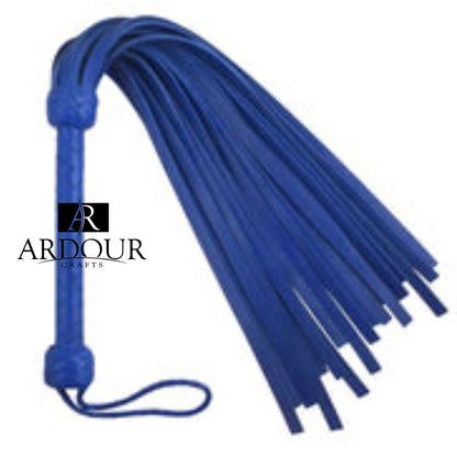 Heavy Duty Cowhide Leather Flogger Whip 18 Thick Blue Rubber Tails