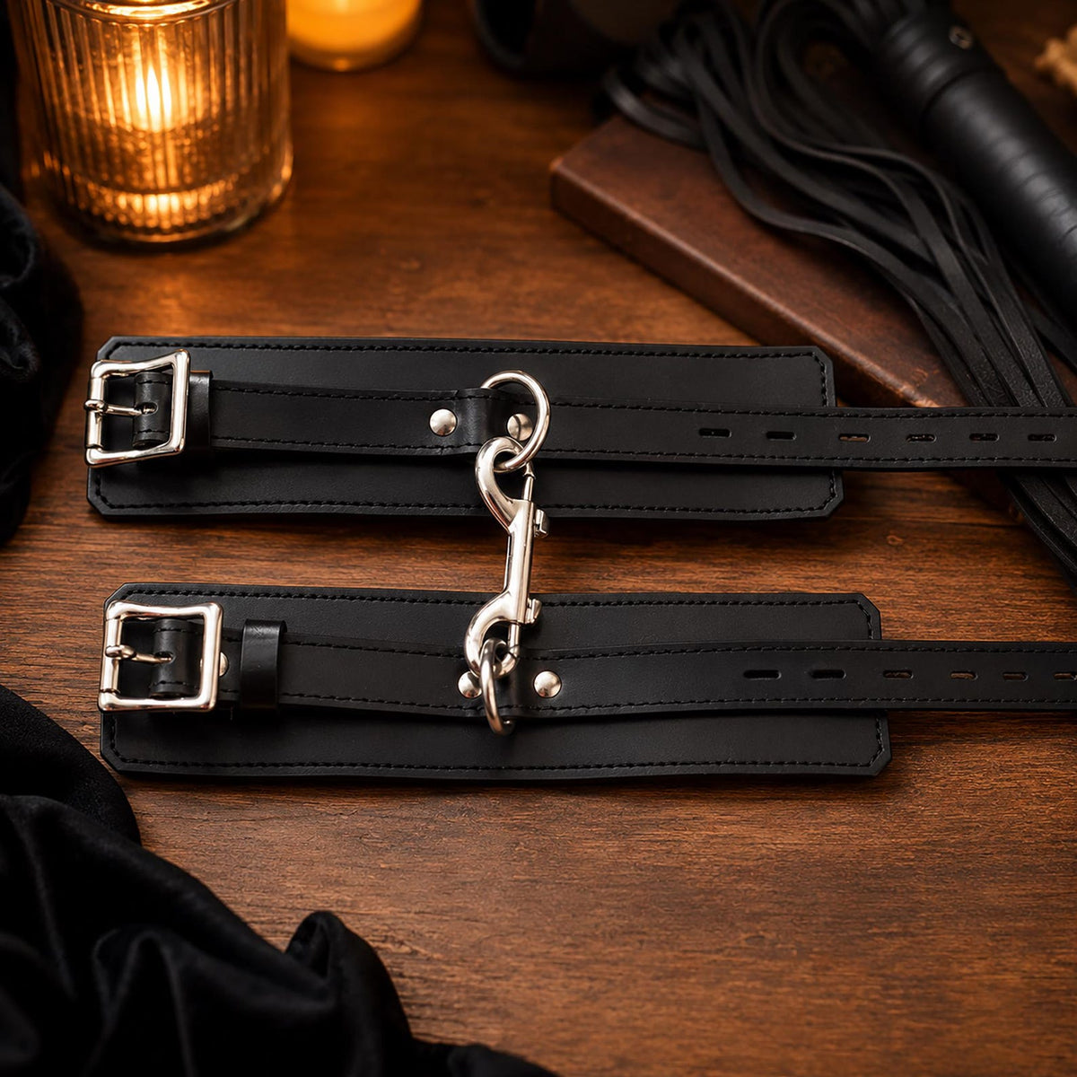 Real Leather Wrist Cuffs Set, 2 Piece Leather Restraint with Connector, Adjustable Padded Bondage Cuffs
