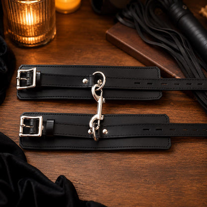 Real Leather Wrist Cuffs Set, 2 Piece Leather Restraint with Connector, Adjustable Padded Bondage Cuffs
