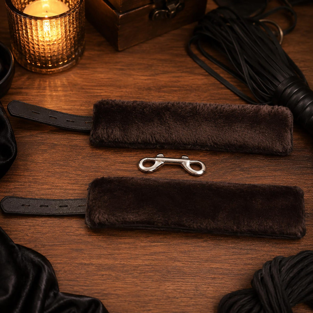 Real Leather Wrist Cuffs Set, 2 Piece Leather Restraint with Connector, Adjustable Padded Bondage Cuffs