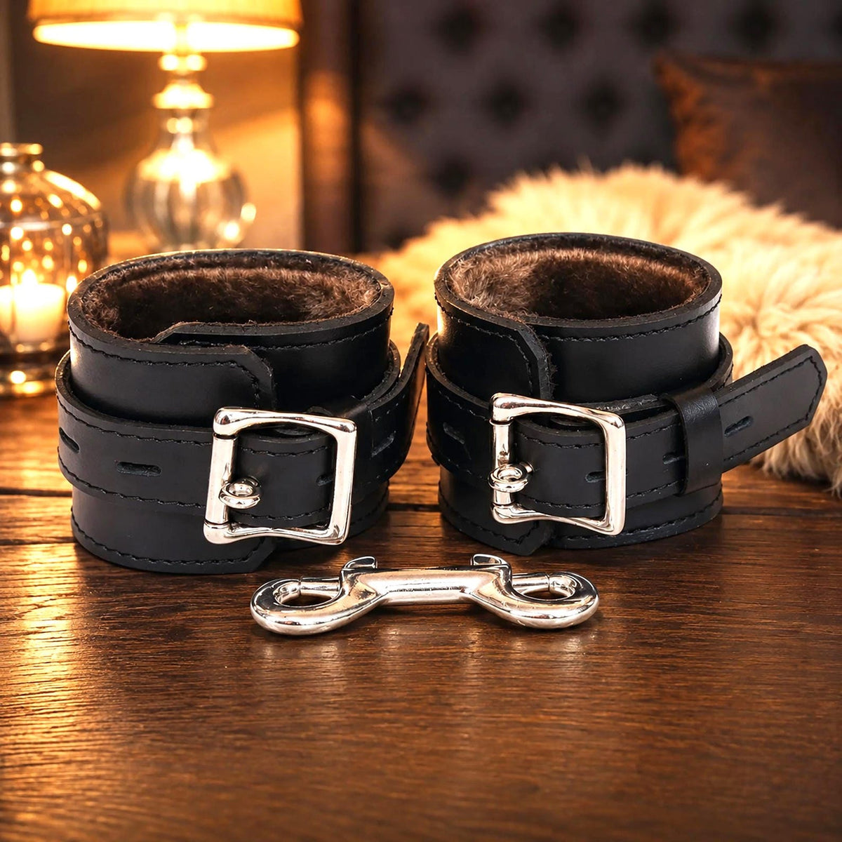Real Leather Wrist Cuffs Set, 2 Piece Leather Restraint with Connector, Adjustable Padded Bondage Cuffs