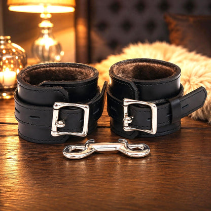 Real Leather Wrist Cuffs Set, 2 Piece Leather Restraint with Connector, Adjustable Padded Bondage Cuffs