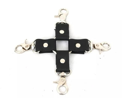 BDSM* 8" Hog Tie Four Way Pin Connector Restraint with Bondage Cuffs Snap Clips