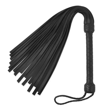Heavy Duty Black Leather Flogger Whip 18 Thick Rubber Tails for Impact Play