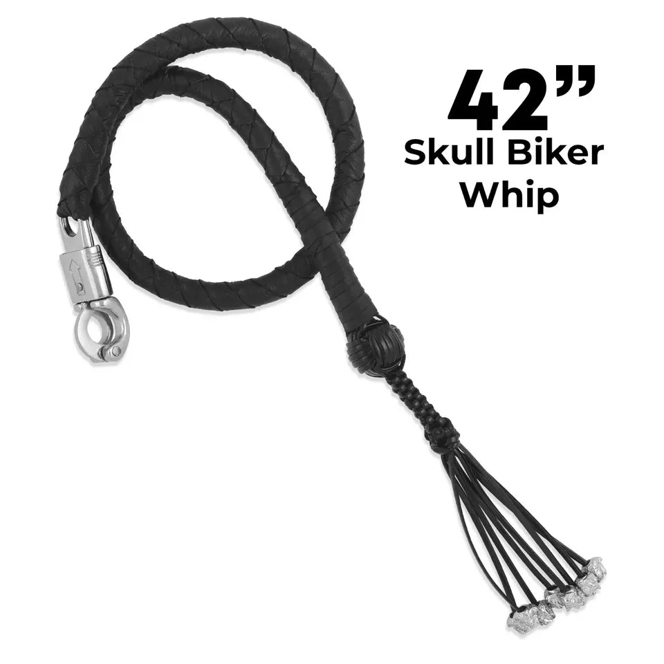 42 Motorcycle Leather Biker Whip  Black Skull Design