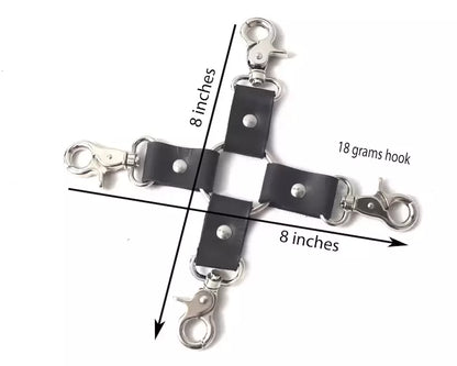 BDSM* 8" Hog Tie Four Way Pin Connector Restraint with Bondage Cuffs Snap Clips